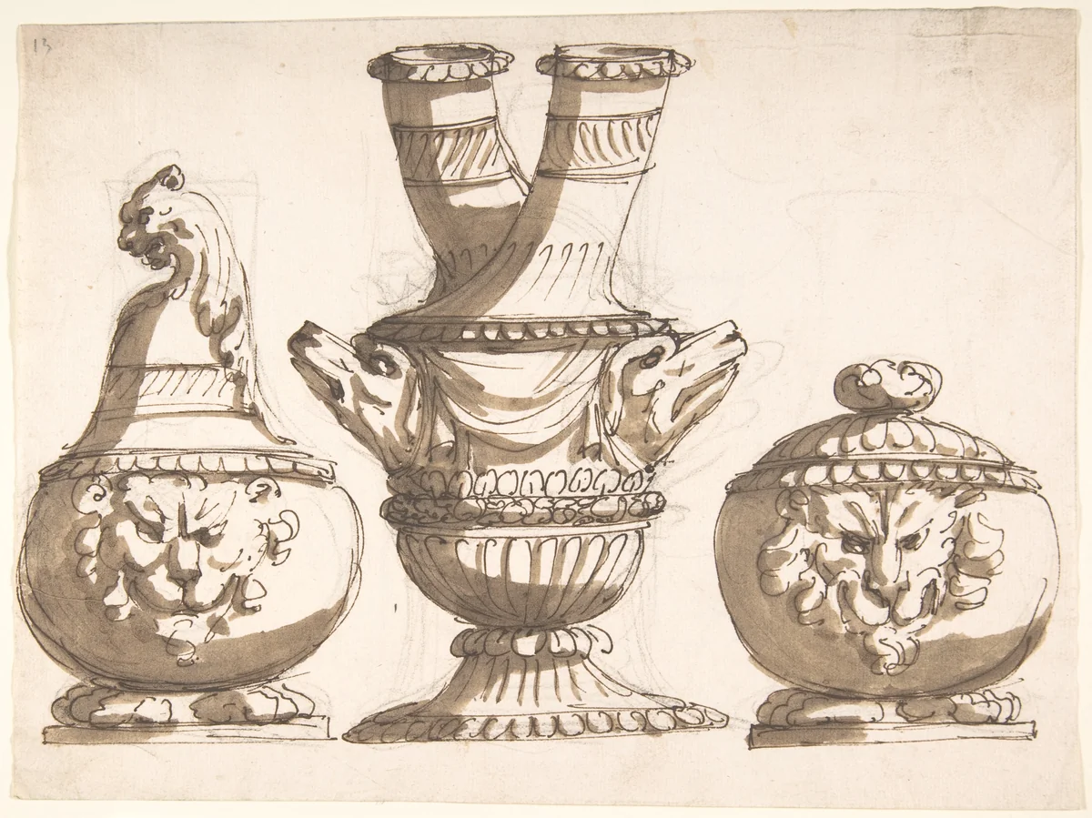 Three Ornamental Vessel Designs by Giacomo Rossi, drawing, 1600-1699