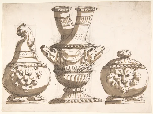 Three Ornamental Vessel Designs by Giacomo Rossi, drawing, 1600-1699