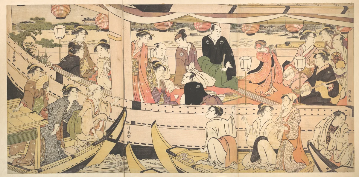 Pleasure Boat on the Sumida River by Torii Kiyonaga (鳥居清長), print, 1786-1792