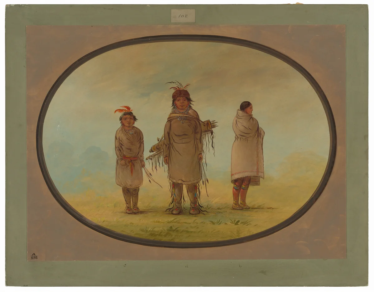 A Stone Warrior, His Wife, and a Boy by George Catlin, painting, 1855-1869