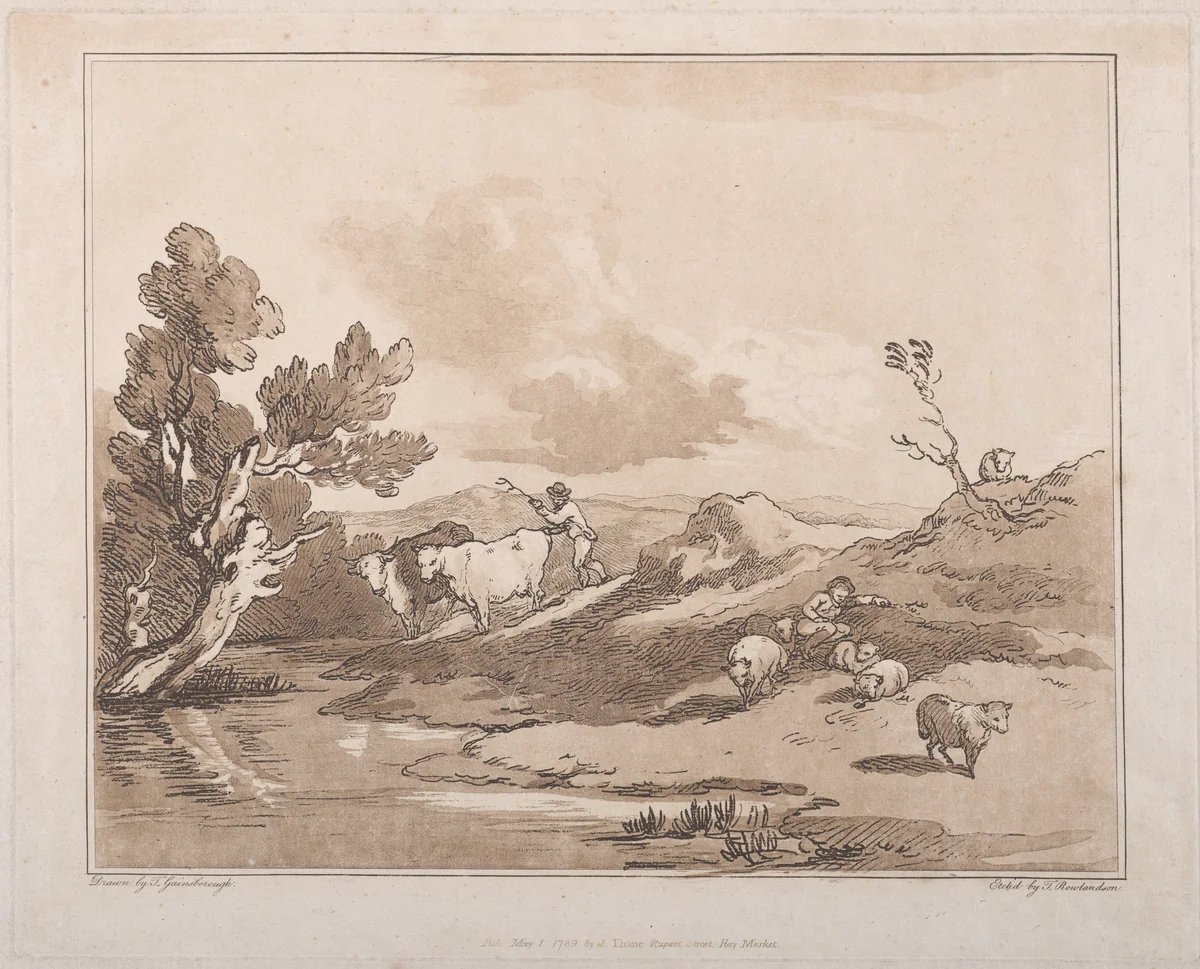 Landscape with a Figure Herding Cattle, and a Shepherd Resting by Thomas Rowlandson, print, 1789