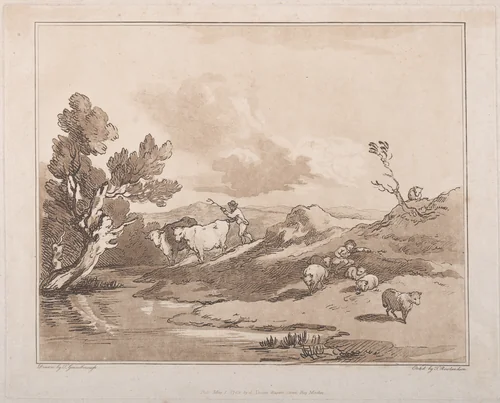 Landscape with a Figure Herding Cattle, and a Shepherd Resting by Thomas Rowlandson, print, 1789