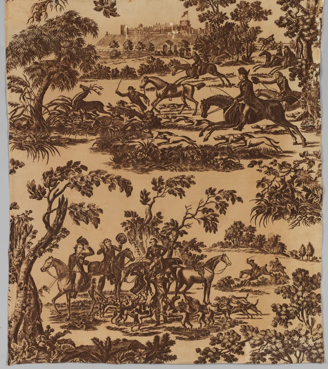 Copper plate printed cotton with King George III hunting in Windsor Park by J. Seymour, textile, 1785
