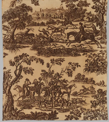Copper plate printed cotton with King George III hunting in Windsor Park by J. Seymour, textile, 1785