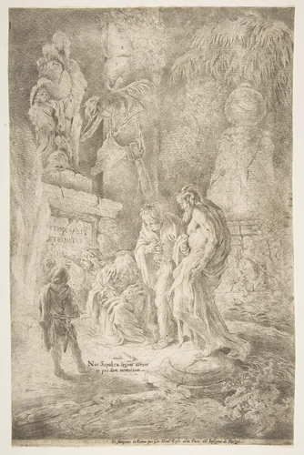 'Temporalis Aeternitas', four scholars amongst ruins by Giovanni Benedetto Castiglione, print, 1645