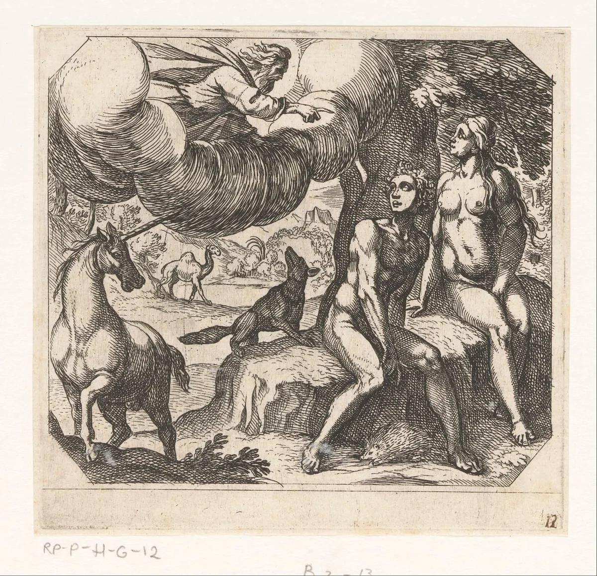 God verwijt Adam en Eva hun ongehoorzaamheid by Antonio Tempesta, print, 1565-1630