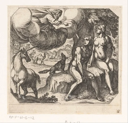 God verwijt Adam en Eva hun ongehoorzaamheid by Antonio Tempesta, print, 1565-1630