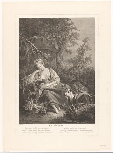 Dromende vrouw met geit by Jacques Beauvarlet, print, 1741-1797