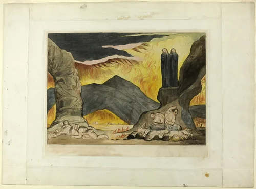 The Circle of the Falsifiers: Dante and Virgil Covering their Noses Because of the Stench. Inferno, canto XXIX by William Blake, print, 1827