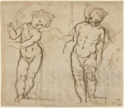 Two Standing Putti [recto] by Italian 17th Century, drawing, 1600-1699