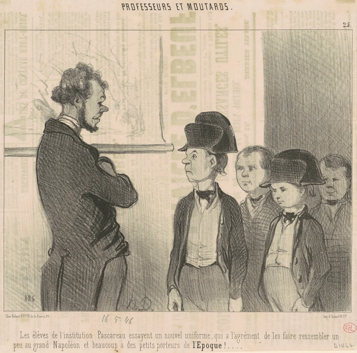 Les èleves de l'institution Pascareau essayent un nouvel uniforme ... by Honoré Daumier, print, 1846