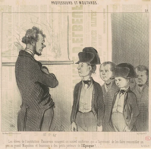 Les èleves de l'institution Pascareau essayent un nouvel uniforme ... by Honoré Daumier, print, 1846