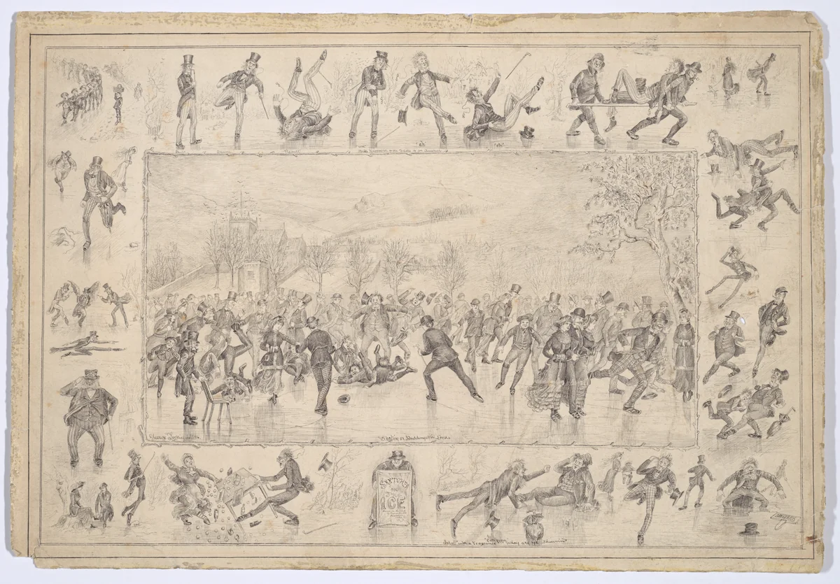 Skating on Duddingston Loch and Sketches on the Ice by George Lockie, drawing, 1884