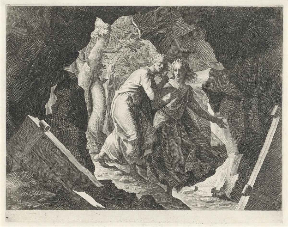 Dante en Vergilius betreden de hel door een poort by Aegidius Sadeler, print, 1580-1629
