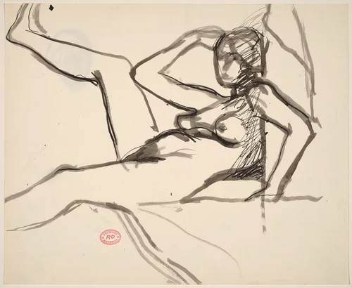 Untitled [reclining female nude with back to wall and leg raised] by Richard Diebenkorn, drawing, 1955-1967
