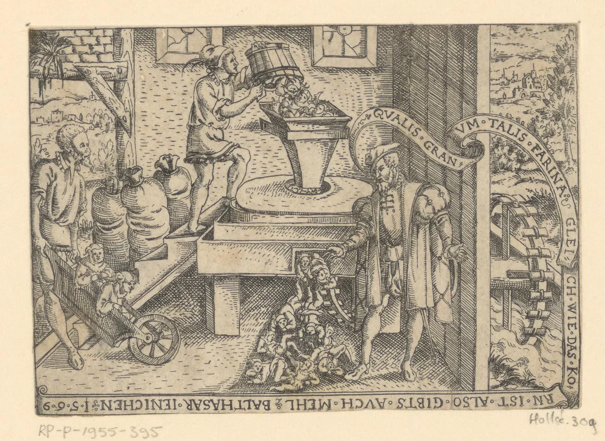 Schuur met een molen waar een nar mensen doorheen haalt by Balthasar Jenichen, print, 1563-1593