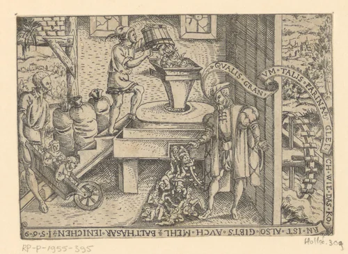 Schuur met een molen waar een nar mensen doorheen haalt by Balthasar Jenichen, print, 1563-1593