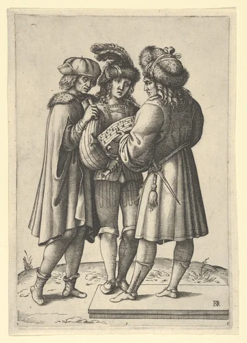 Three male singers standing together holding a sheet of music by Luca Ciamberlano, print, 1594-1646