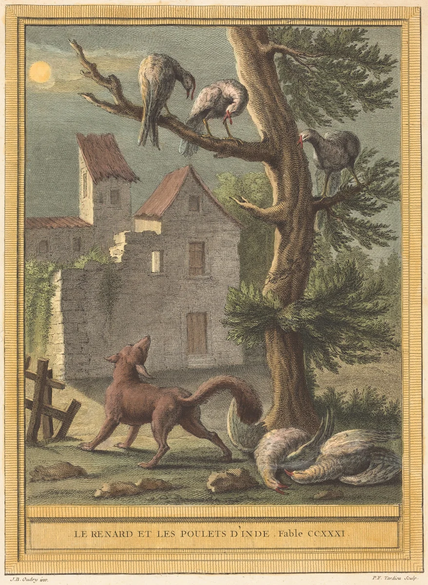 Le renard et les poulets d'Inde (The Fox and the Hens from India) by Pierre François Tardieu; Jean-Baptiste Oudry, print, 1759