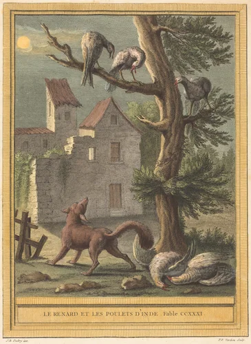Le renard et les poulets d'Inde (The Fox and the Hens from India) by Pierre François Tardieu; Jean-Baptiste Oudry, print, 1759