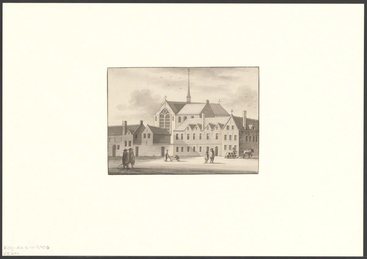 Gezicht op de Oudezijds Voorburgwal gezien naar het Sint Maria Magdalena klooster by anonymous, drawing, 1700-1799