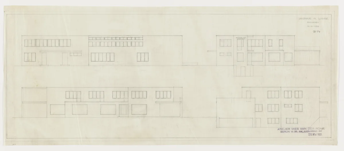 Hermann Lange House, Krefeld, Germany, Four elevations by Ludwig Mies van der Rohe, mies van der rohe archive, 1927