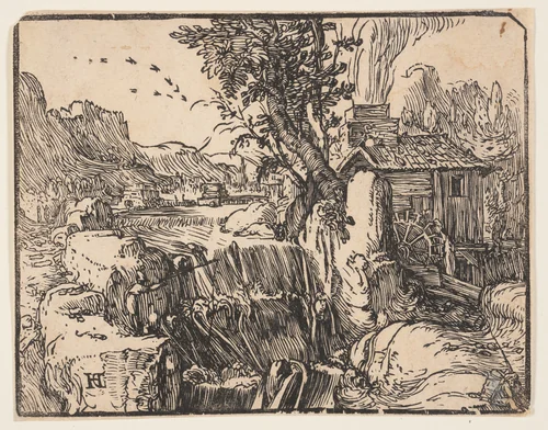 Landscape with a Waterfall by Hendrick Goltzius, print, 1600