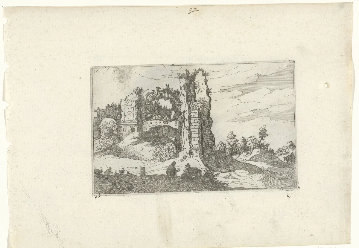 Ruïne met een poort by anonymous, print, 1594-1685