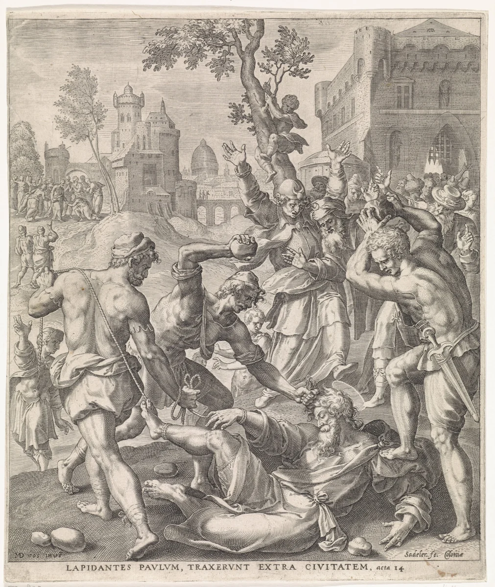 Steniging van de apostel Paulus by Unknown, print, 1580
