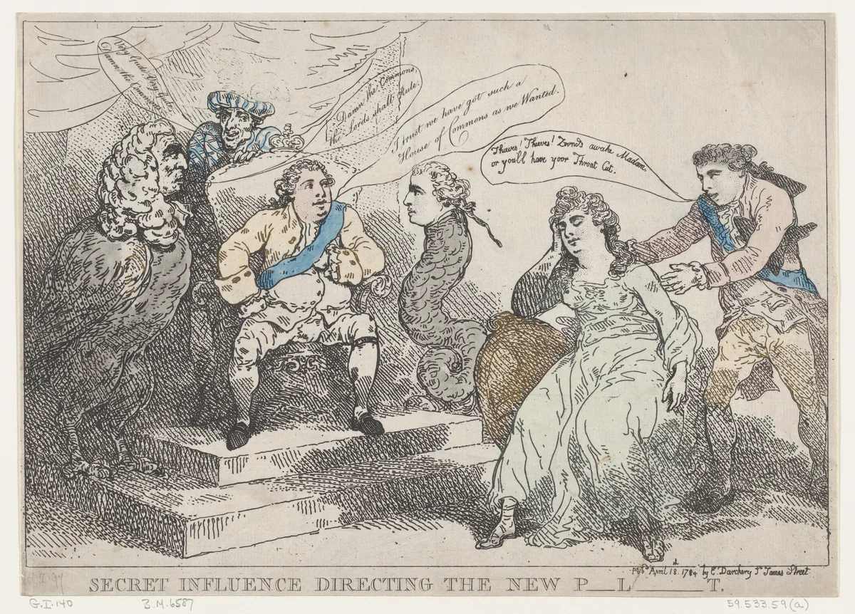 Secret Influence Directing The New P-l-t [Parliament] by Thomas Rowlandson, print, 1784