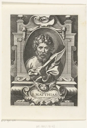 Apostel Matthias met bijl in omlijsting met architectuur ornamenten by Unknown, print, 1588-1648