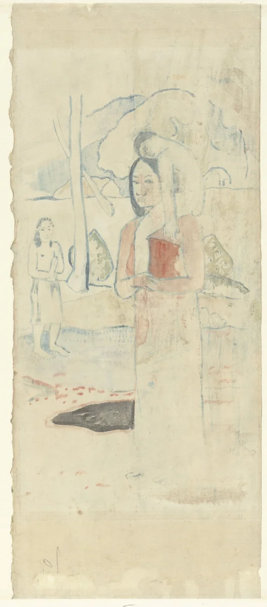 Maria met kind en vrouw met gevouwen handen by Paul Gauguin, print, 1894