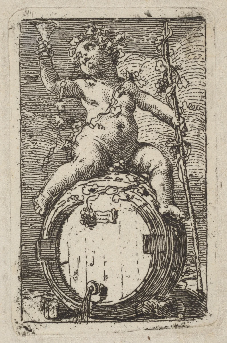 The Infant Bacchus Astride a Wine Barrel by Gaetano Gandolfi, print, 1770-1789