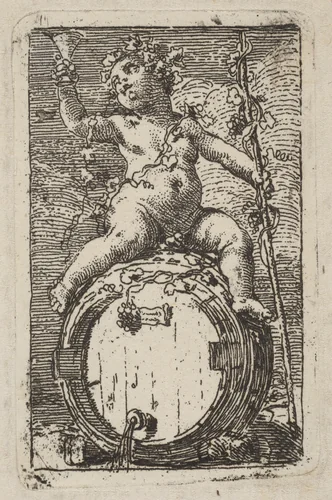 The Infant Bacchus Astride a Wine Barrel by Gaetano Gandolfi, print, 1770-1789
