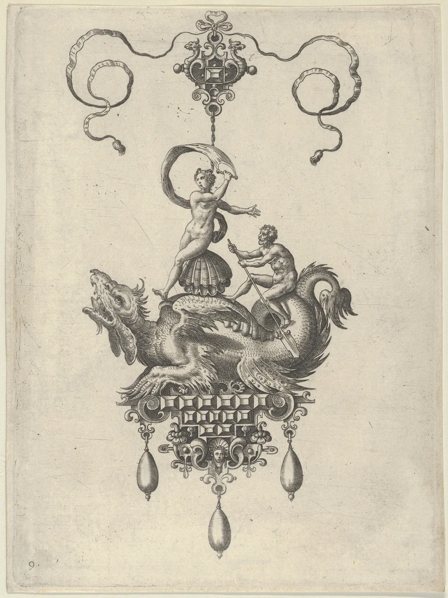 Pendant Design with a Winged Sea Monster Carrying Venus Anadyomene on a Shell and a Man with an Oar by Adriaen Collaert, print, 1582
