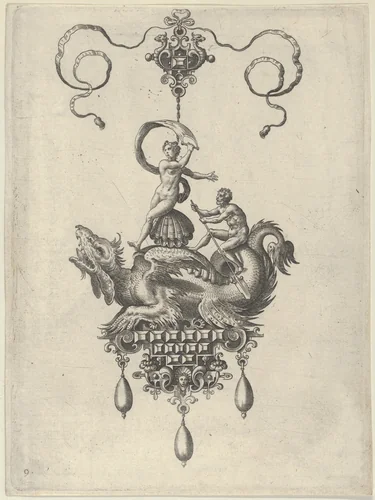 Pendant Design with a Winged Sea Monster Carrying Venus Anadyomene on a Shell and a Man with an Oar by Adriaen Collaert, print, 1582