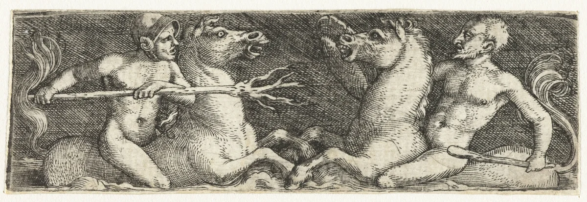 Twee vechtende tritons by Barthel Beham, print, 1512-1540