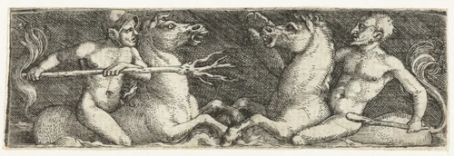 Twee vechtende tritons by Barthel Beham, print, 1512-1540