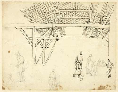 Rejected Study, possibly for an illustration of the Custom House, from Microcosm of London (recto); Sketches of Workers with Barrels (verso) by Augustus Charles Pugin, drawing, 1807-1809