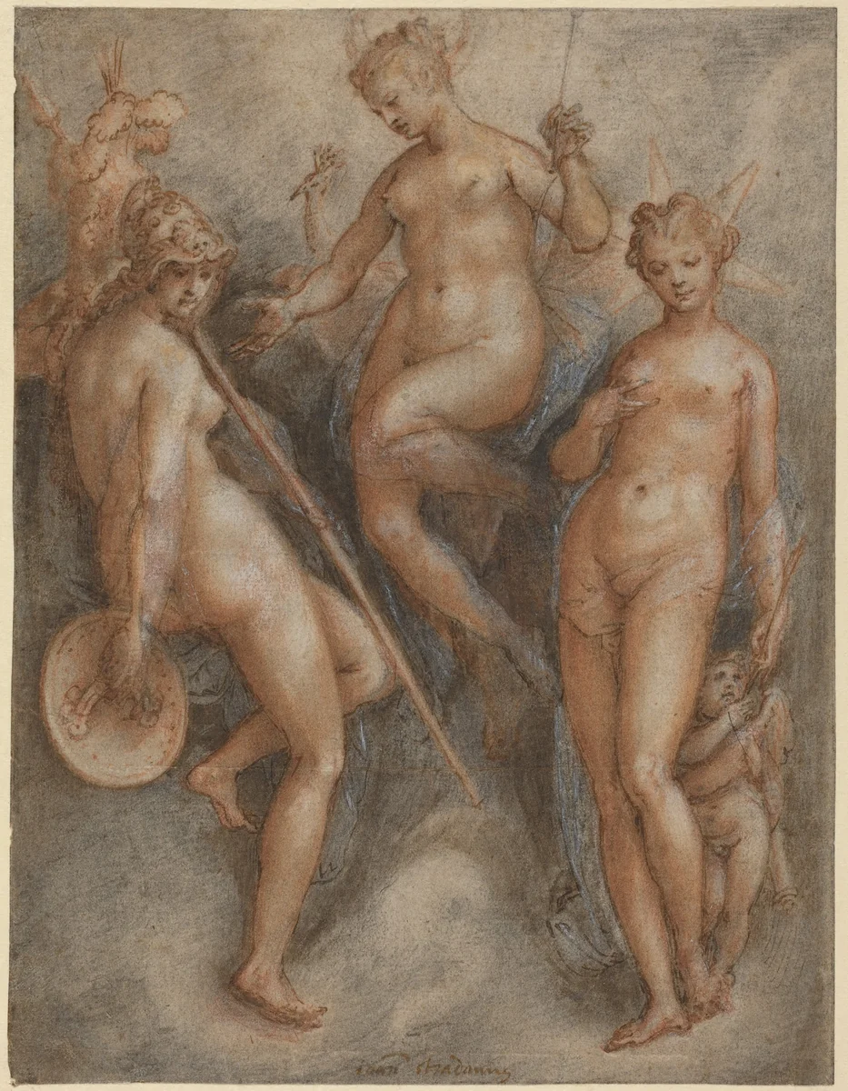 Three Goddesses: Minerva, Juno and Venus by Jan van der Straet, drawing, 1523-1605