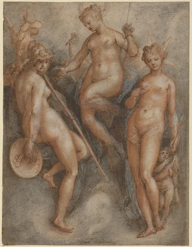 Three Goddesses: Minerva, Juno and Venus by Jan van der Straet, drawing, 1523-1605