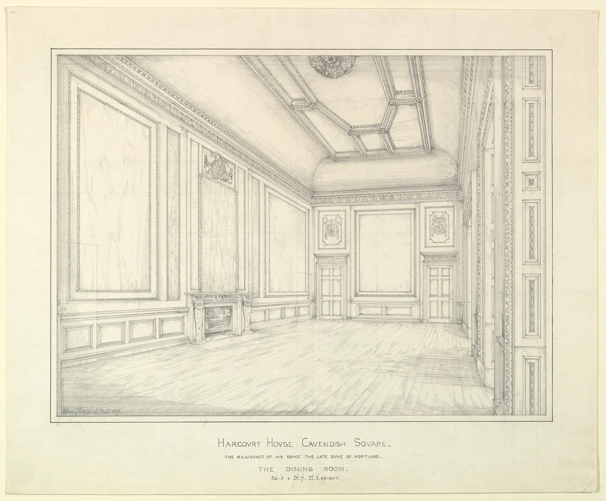 Harcourt House Cavendish Square, The Dining Room by Henry Hodge, drawing, 1880