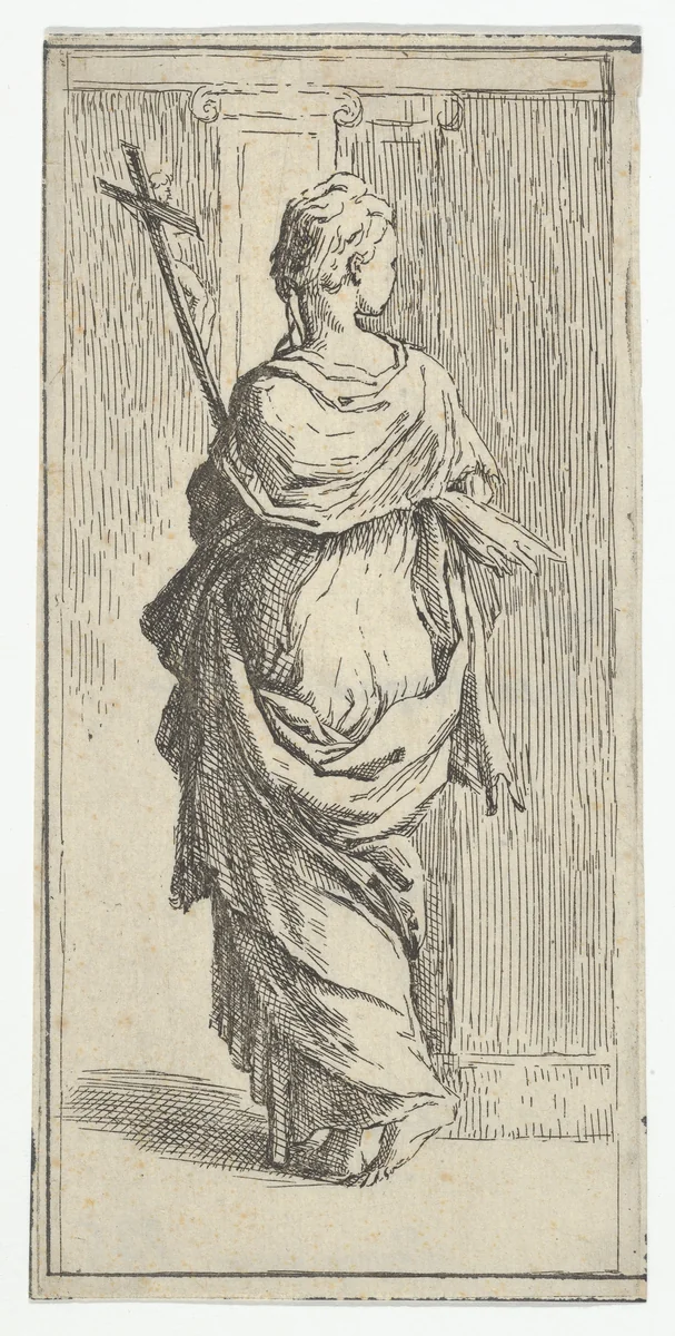 Girl carrying a crucifix and stepping toward a pilaster, seen from behind by Guido Reni, print, 1585-1605