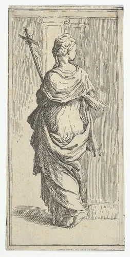 Girl carrying a crucifix and stepping toward a pilaster, seen from behind by Guido Reni, print, 1585-1605