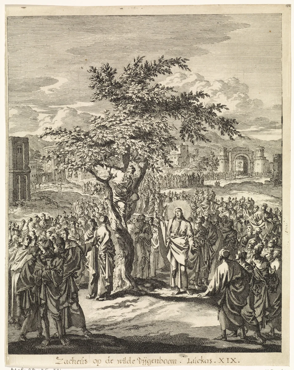 Zacheüs in de vijgenboom by Jan Luyken, print, 1708