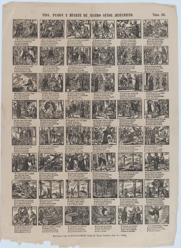 Broadside with 48 scenes of the life of Jesus Christ by José Noguera, print, 1866