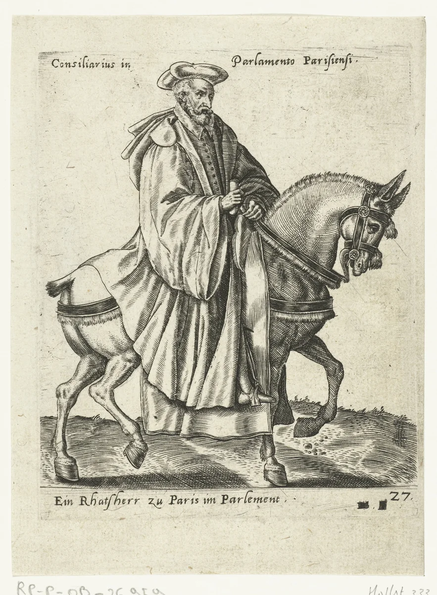 Franse raadsheer te paard by Unknown, print, 1577