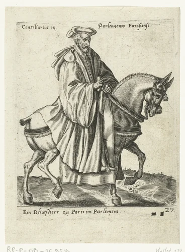 Franse raadsheer te paard by Unknown, print, 1577