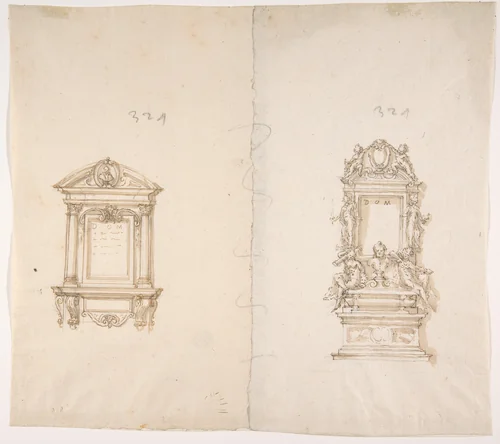 Two Designs for Memorial Tablets by anonymous, drawing, 1500-1599