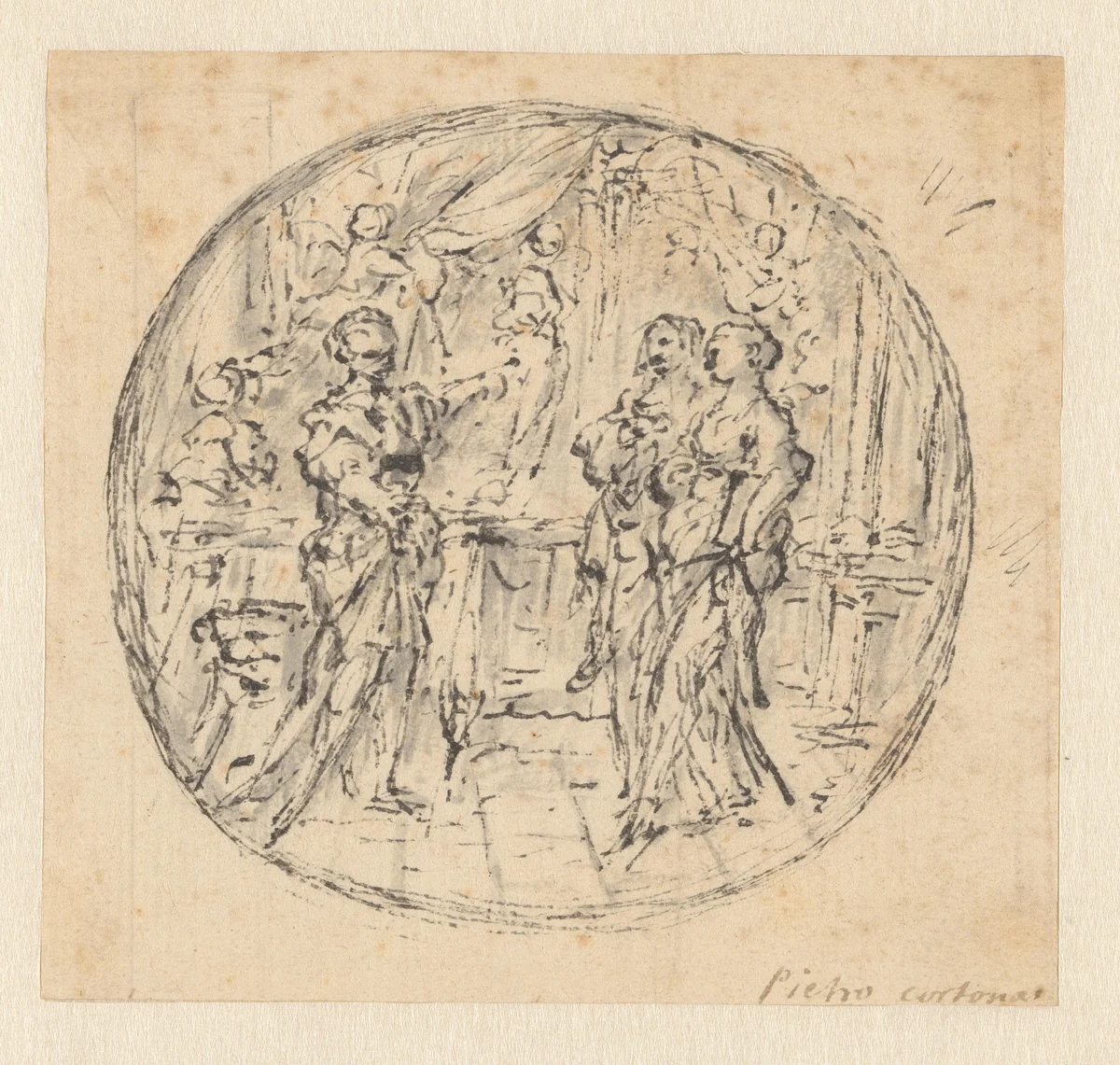 Ferdinand II van Toscane sticht de Accademia del Cimento by Lazzaro Baldi, drawing, 1698